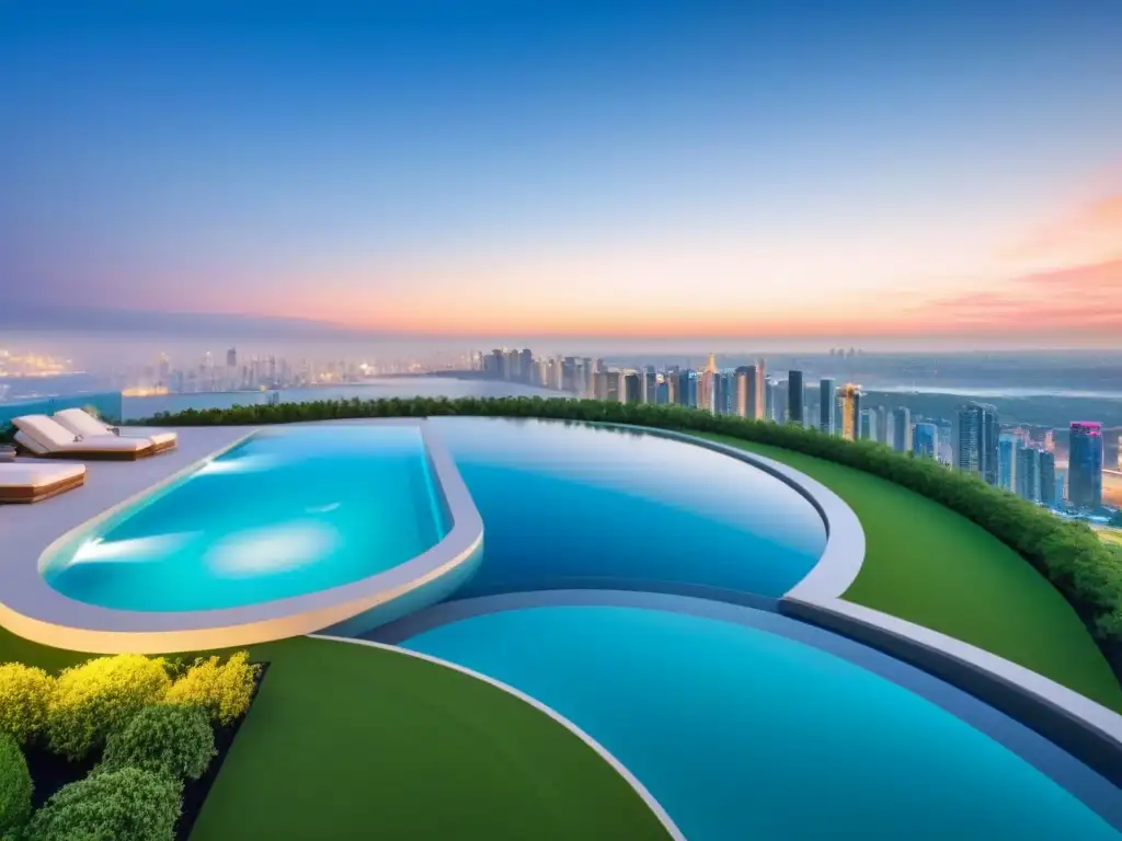 Residencial de lujo: arquitectura futurista y exclusivas comodidades Complejo residencial de lujo con arquitectura futurista, jardines en la azotea y piscina infinita con vistas a la ciudad