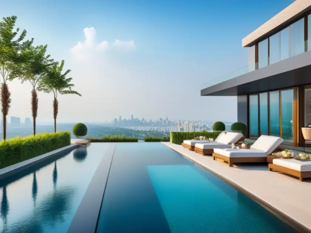 Residencial de lujo con piscina infinita y vistas urbanas Complejo residencial de lujo con piscina infinita y vistas a la ciudad, rodeado de vegetación exuberante y mobiliario de alta gama