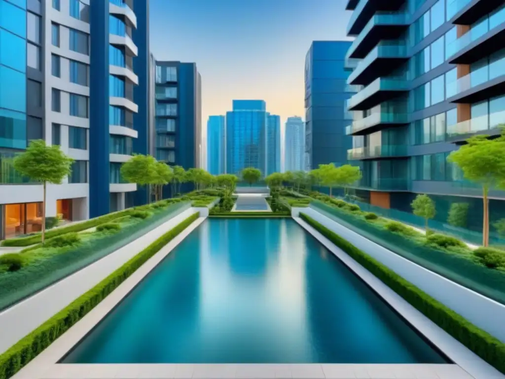 Complejo residencial moderno: lujo urbano y naturaleza Un complejo residencial moderno con arquitectura de cristal y vegetación, reflejando la fusión de naturaleza y vida urbana