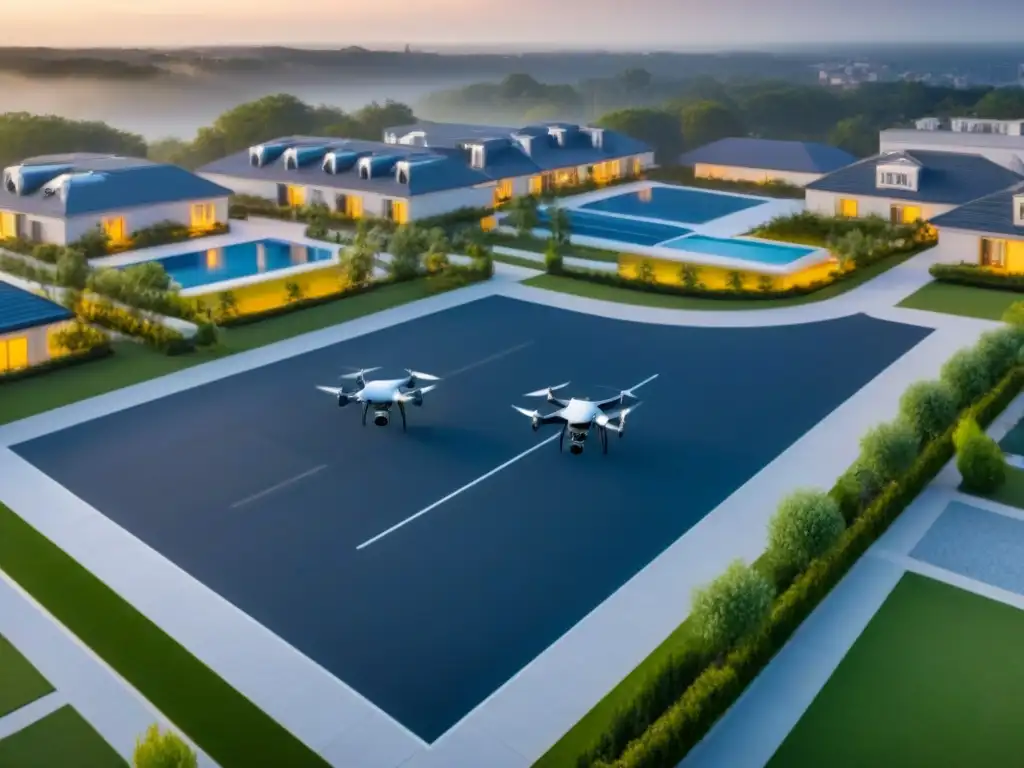 Complejo residencial moderno con drones de seguridad en acción Un complejo residencial moderno con drones de seguridad