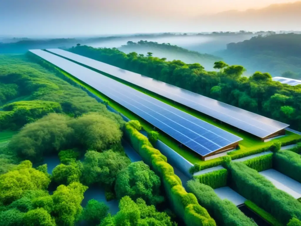 Complejo residencial ecoamigable: moderno y sostenible Un complejo residencial moderno y ecológico con techos verdes y paneles solares, rodeado de vegetación, bajo cielos despejados