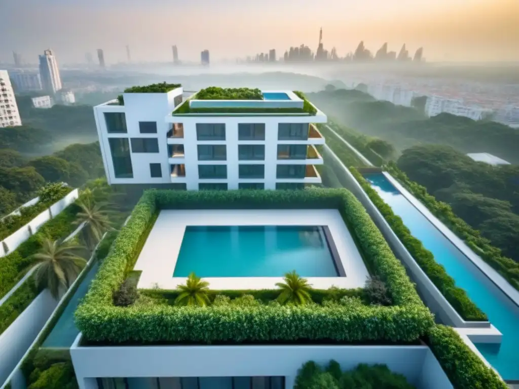 Complejo residencial de lujo en ciudad vibrante: sofisticación y confort Un complejo residencial moderno y lujoso en una ciudad vibrante con diseño contemporáneo y vegetación exuberante