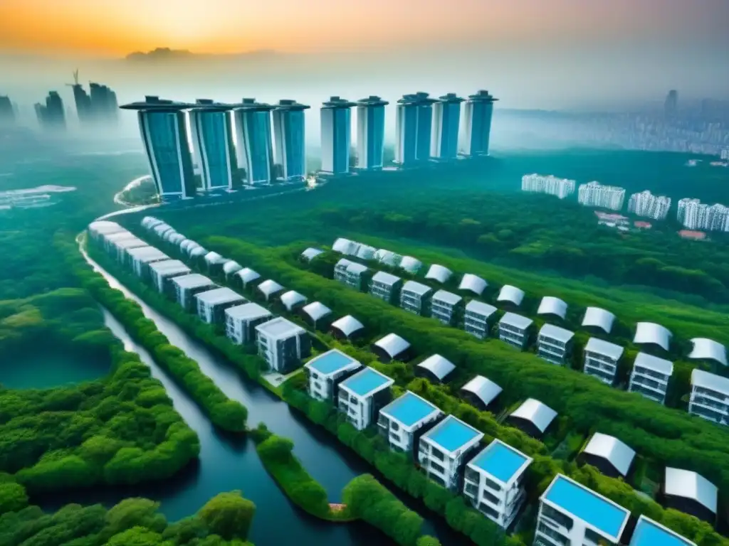 Residencial vanguardista entre naturaleza y ciudad Un complejo residencial moderno rodeado de vegetación, con un fondo de ciudad vibrante