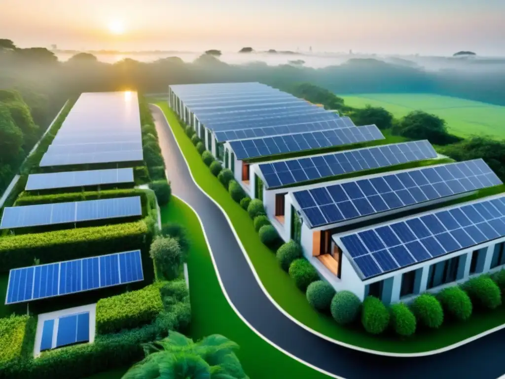 EcoViviendas modernas rodeadas de naturaleza y sostenibilidad Un complejo residencial moderno y sostenible rodeado de vegetación, con paneles solares, carriles para bicicletas y espacios verdes comunitarios, ideal para oportunidades inmobiliarias éticas