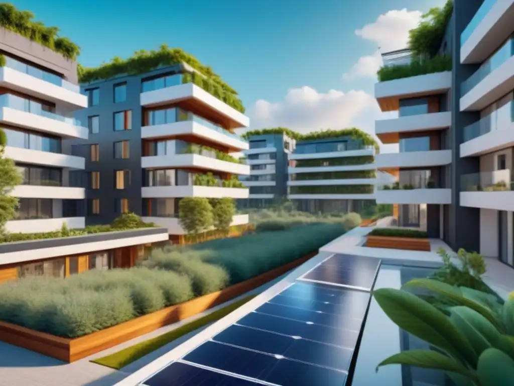 Complejo residencial futurista con tecnología smart y diseño sostenible Un complejo residencial multifamiliar futurista y digitalizado, con tecnología inteligente y diseño sostenible