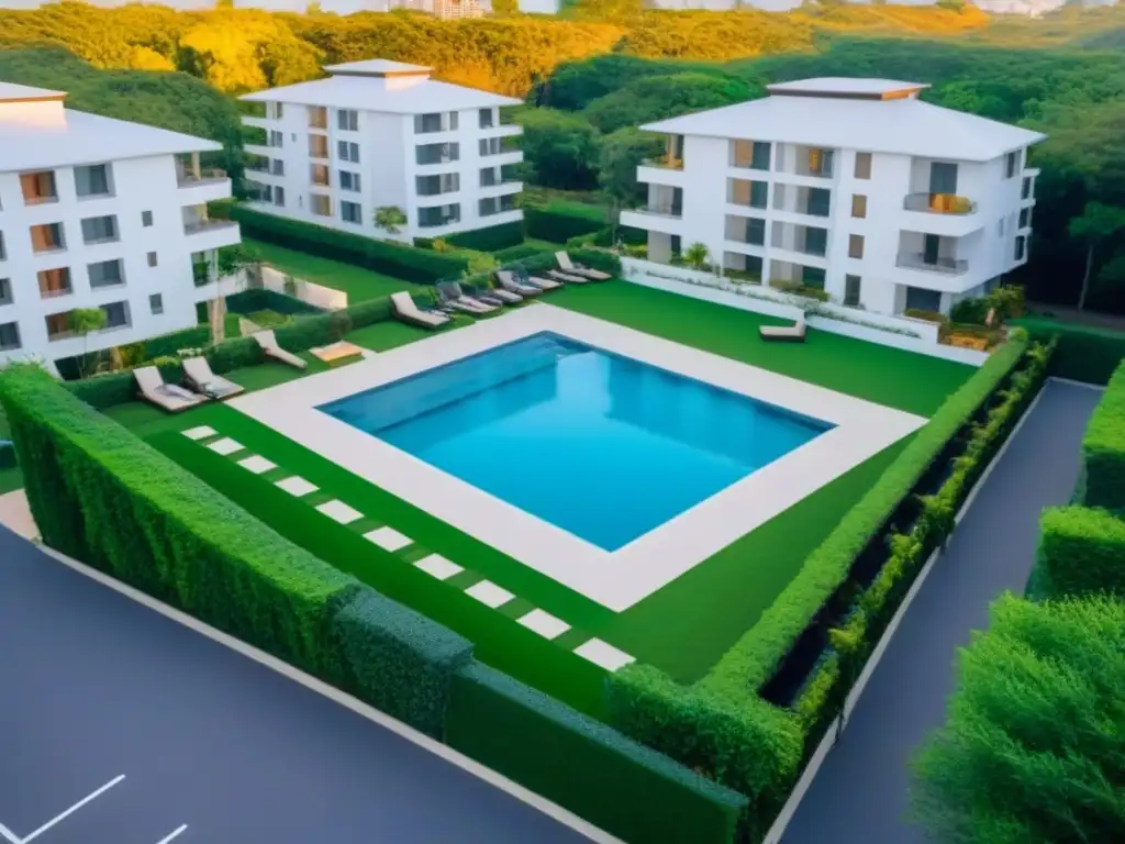 Complejo residencial familiar de lujo con vista aérea Un complejo residencial multifamiliar de lujo rodeado de vegetación exuberante, con piscina y área de juegos