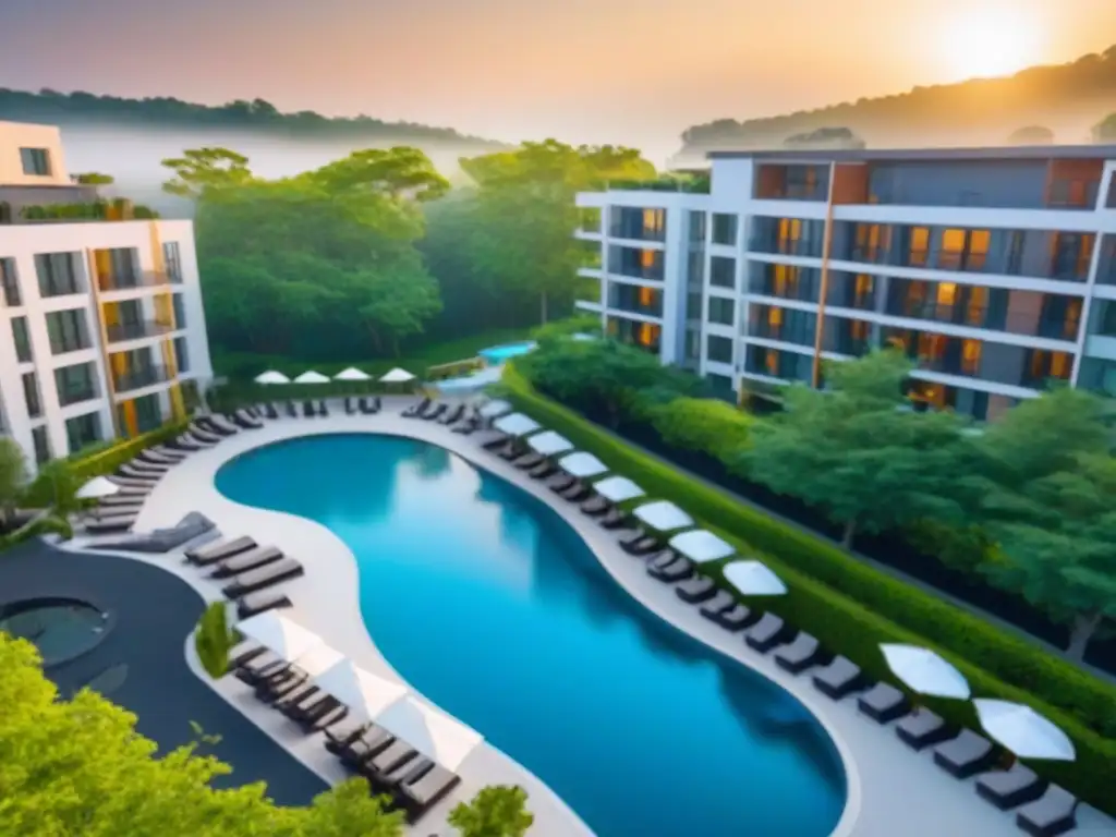 Complejo residencial de lujo: oasis moderno al atardecer Un complejo residencial multifamiliar de lujo rodeado de exuberante vegetación, con comodidades modernas y una piscina reluciente al atardecer