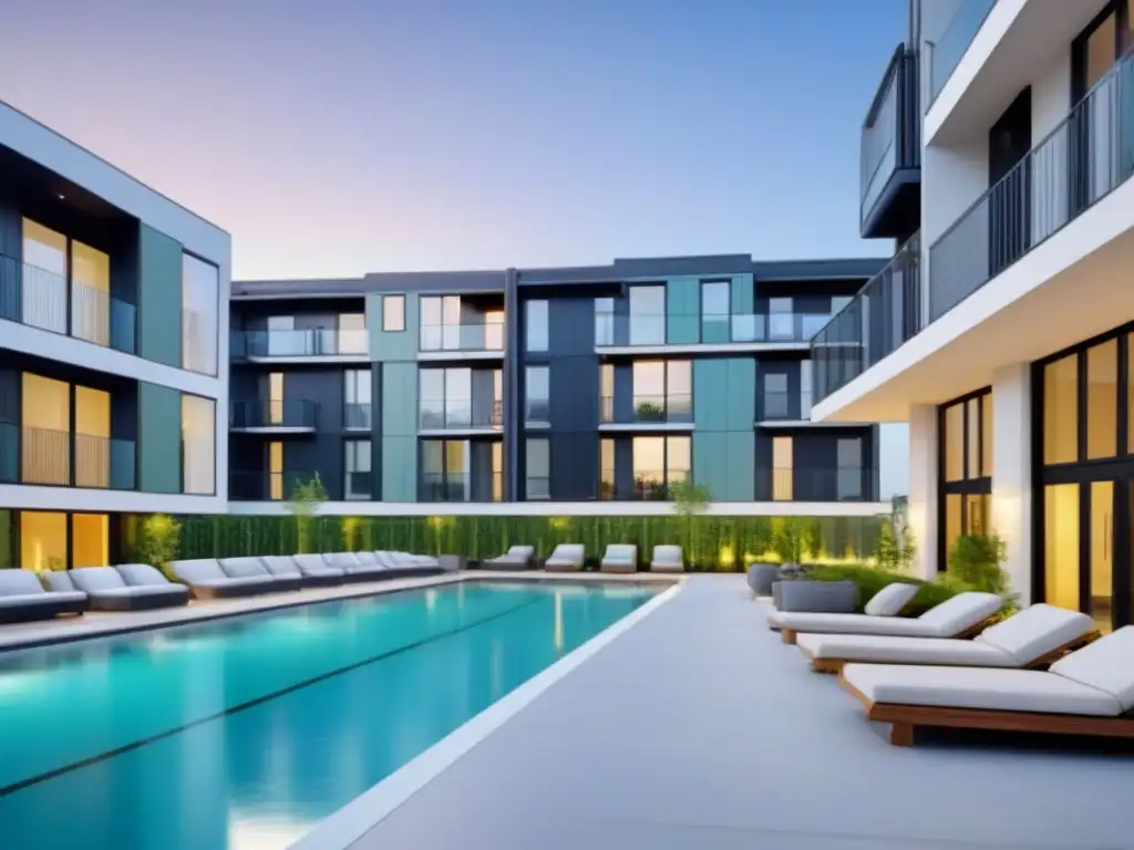 Edificio residencial moderno y lujoso con áreas comunes impresionantes Un complejo residencial multifamiliar moderno y elegante con diseño funcional y lujoso
