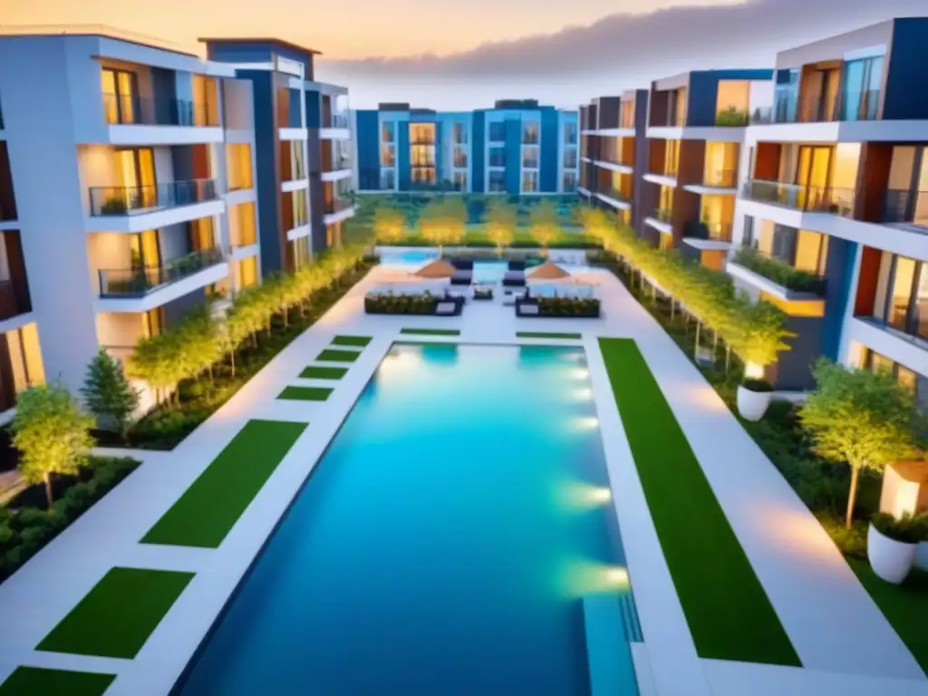 Complejo residencial moderno con amenidades de lujo Un complejo residencial multifamiliar moderno con amenidades lujosas y vibrante atmósfera comunitaria