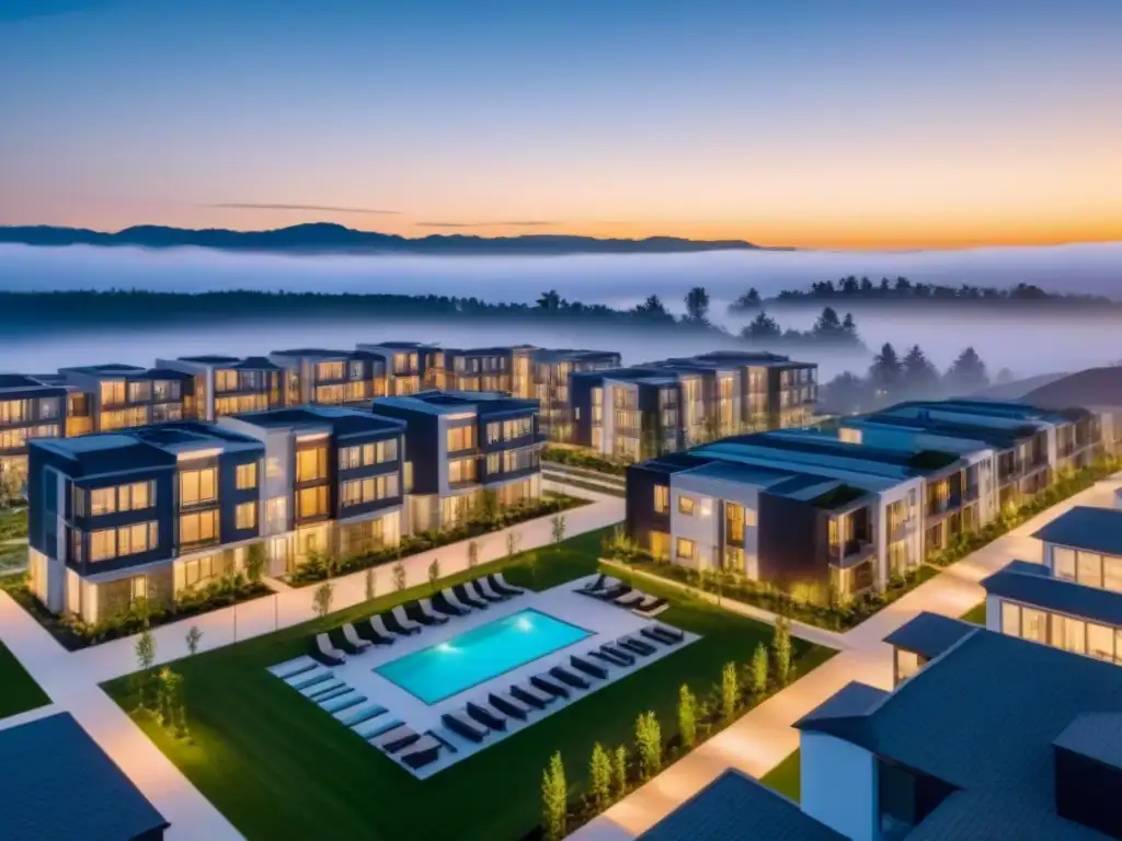 Inversión inmobiliaria: Complejo residencial moderno al atardecer Complejo residencial multifamiliar moderno al anochecer, con edificios iluminados y áreas verdes