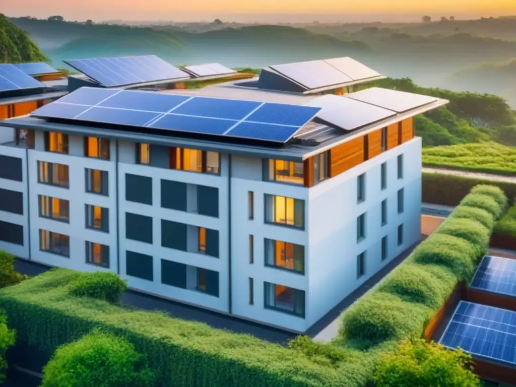 Complejo residencial sostenible con paneles solares al atardecer Un complejo residencial sostenible con paneles solares y naturaleza, destacando la integración de tecnología verde y diseño
