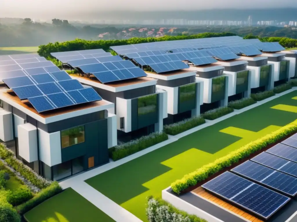 Complejo residencial sostenible: paisaje urbano verde y moderno Un complejo residencial sostenible con techos verdes, paneles solares y estaciones de carga para vehículos eléctricos