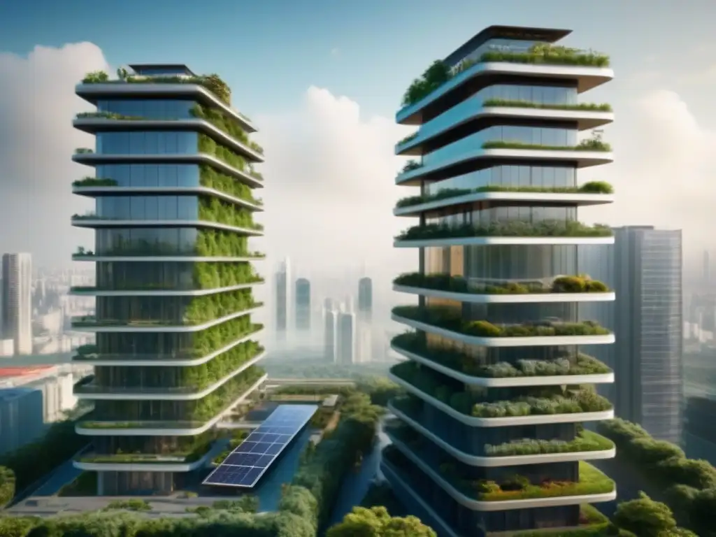 Complejo futurista sostenible: arquitectura verde innovadora en 8k Un complejo sostenible futurista con paneles solares, techos verdes y jardines verticales