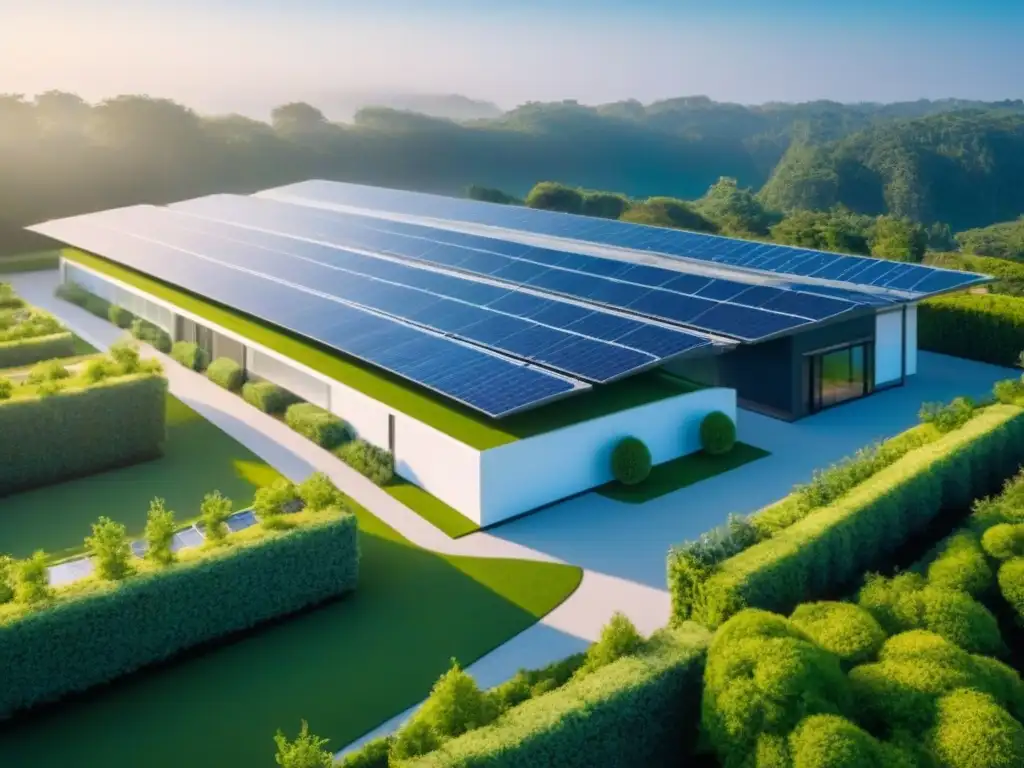 Complejo sostenible con paneles solares y diseño ecológico Complejo sostenible con paneles solares, vegetación exuberante y cielo azul
