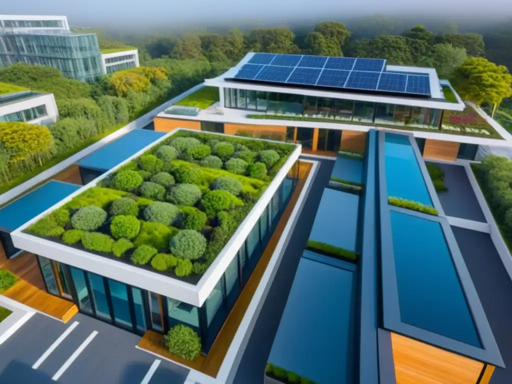 Complejo ecoamigable: arquitectura moderna y sostenible Un complejo sostenible con techos verdes, paneles solares y sistemas de recolección de agua de lluvia