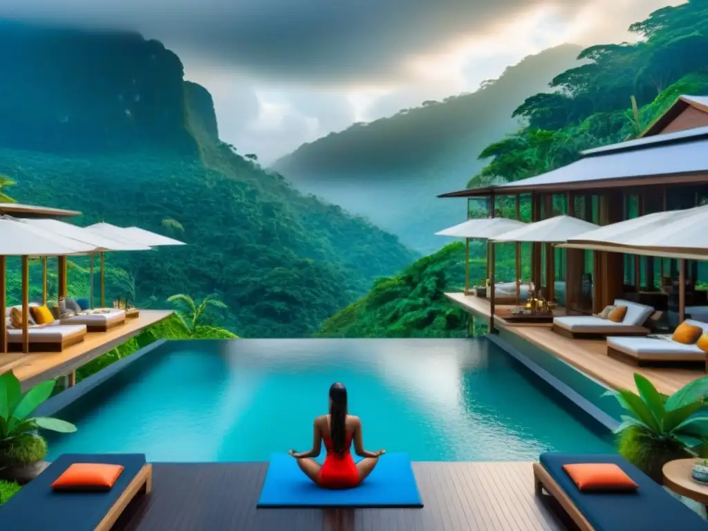 Resort eco-lujoso en selva tropical: 8k detallado y deslumbrante Un complejo turístico ecológico internacional de lujo entre exuberante selva tropical