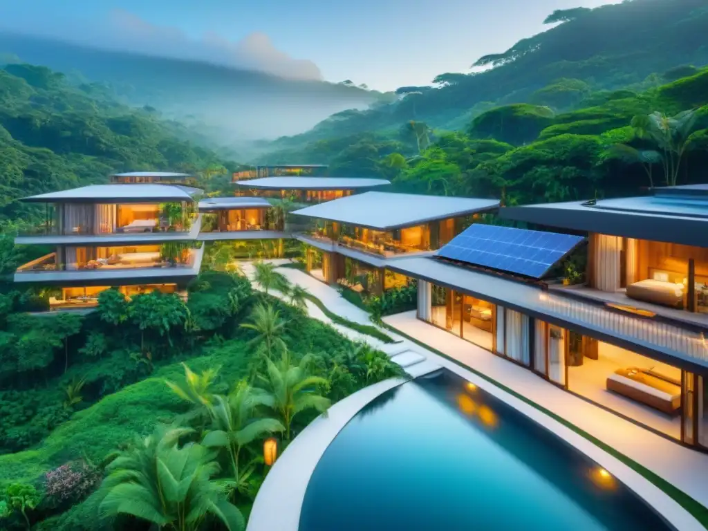 Resort ecológico en la jungla: oasis de sostenibilidad y lujo Un complejo turístico ecológico internacional en la selva con arquitectura sostenible y paisajes exuberantes