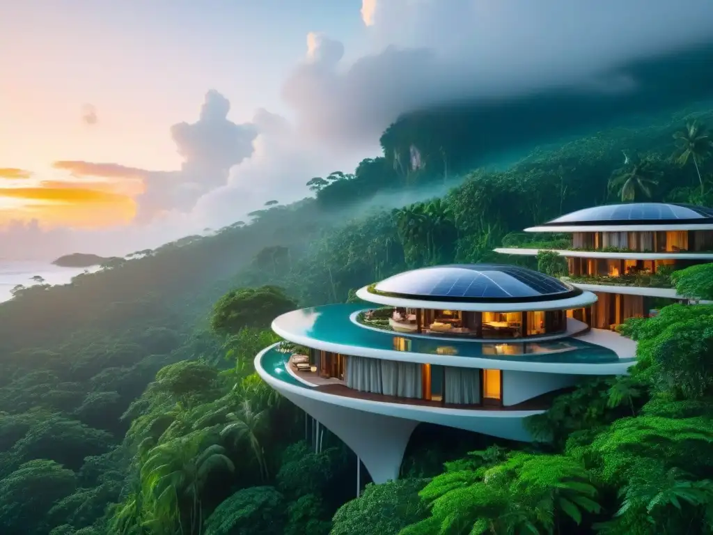 Resort ecofuturista en selva tropical: lujo sostenible Complejo turístico ecológico internacional en selva tropical: arquitectura moderna, paneles solares y piscina infinita