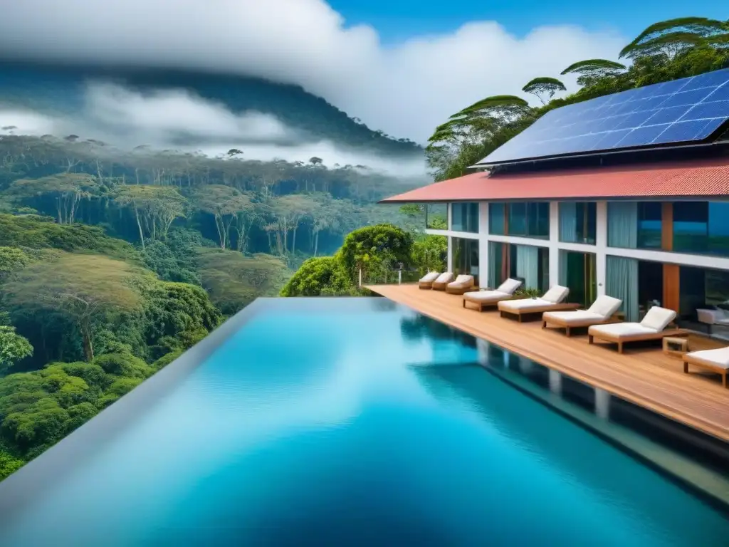 Ecoresort sostenible en la selva: lujo y conservación Un complejo turístico ecológico de lujo en la selva con paneles solares, diseño sostenible y huéspedes disfrutando de la naturaleza