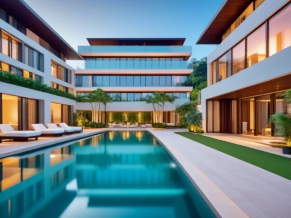 Resort de lujo: arquitectura moderna junto a piscina cristalina Un complejo turístico moderno y lujoso con arquitectura elegante y ventanales de piso a techo que reflejan una piscina cristalina rodeada de exuberante vegetación