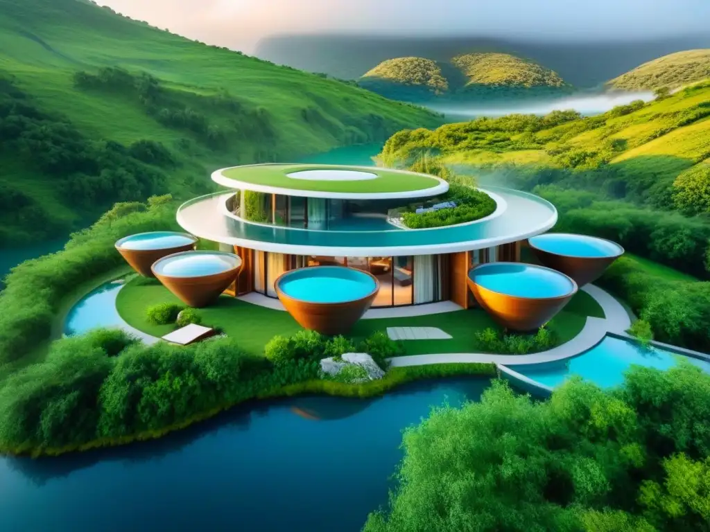 Villas de lujo entre montañas: diseño futurista y vistas al lago Un complejo vacacional futurista en medio de montañas verdes, con diseño arquitectónico elegante y ventanas de cristal