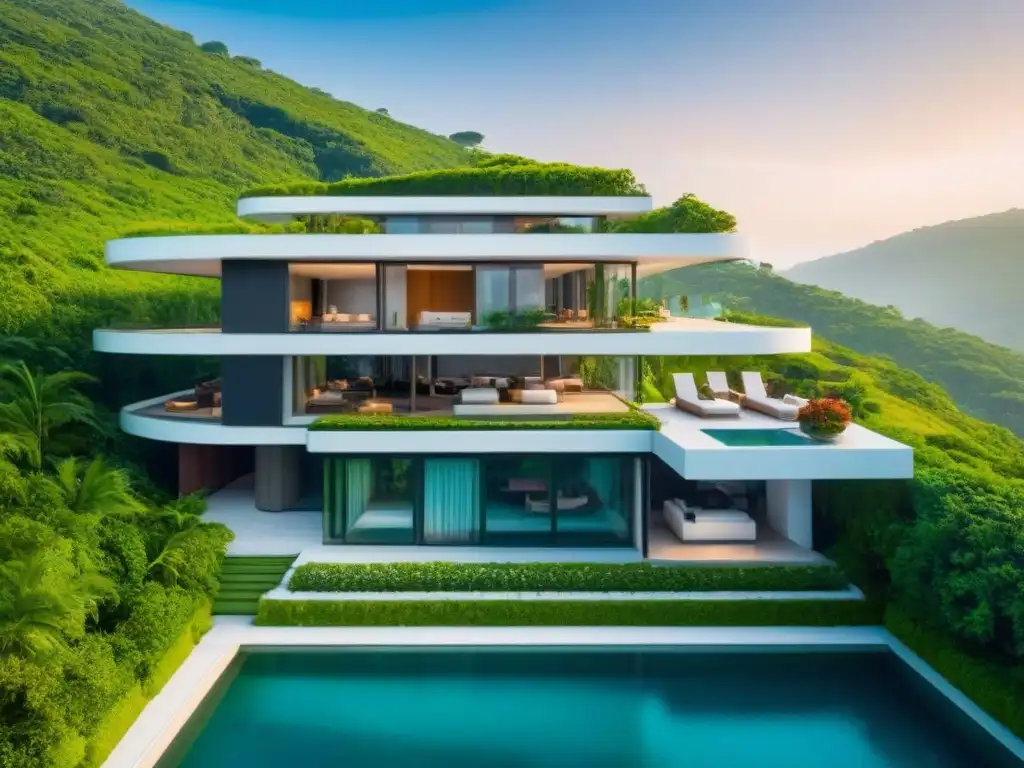 Complejo vacacional futurista en medio de la naturaleza exuberante Un complejo vacacional futurista rodeado de exuberante vegetación, con diseño arquitectónico innovador