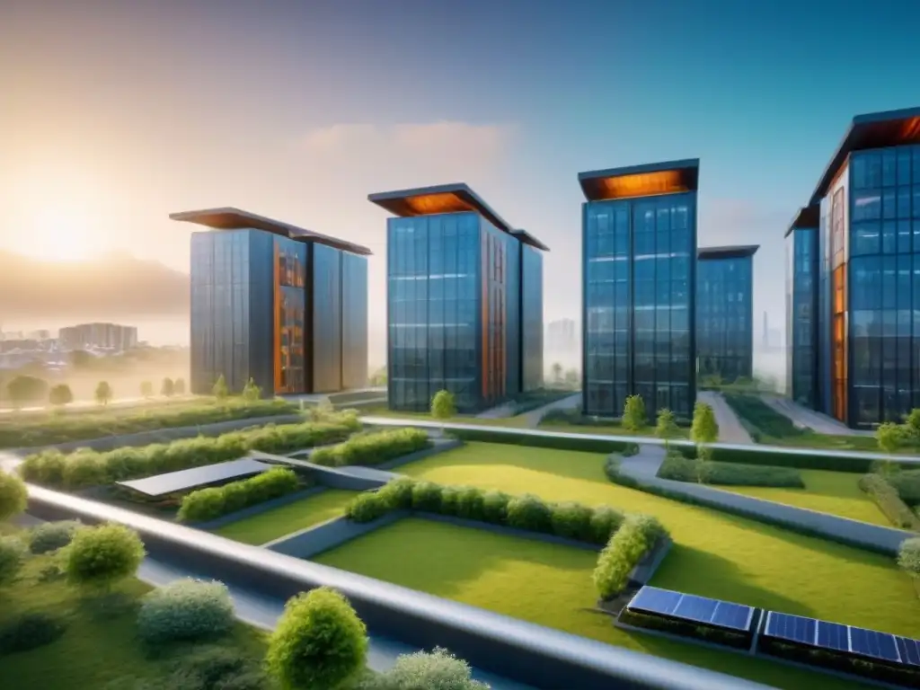 Complejo de viviendas futurista y sostenible en ciudad vibrante Complejo de viviendas asequibles en un entorno urbano futurista con paneles solares y espacios verdes integrados
