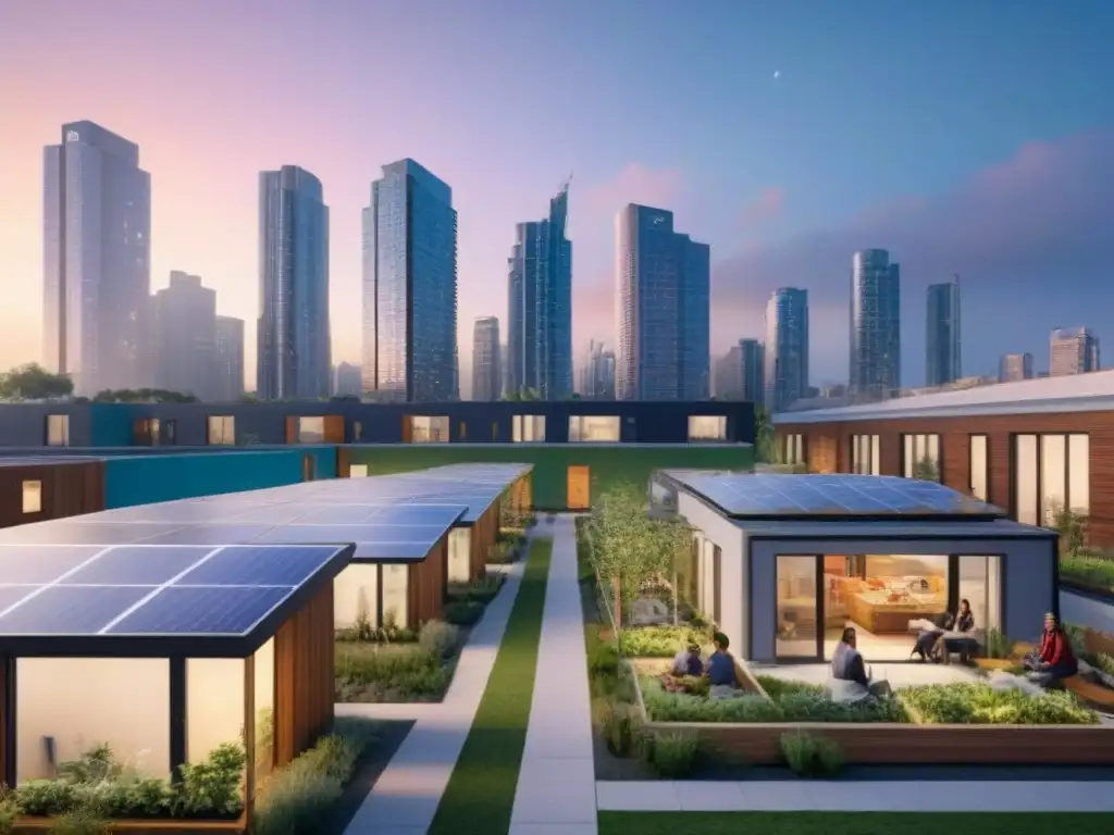 Complejo de viviendas asequibles sostenibles en ciudad vibrante Un complejo de viviendas asequibles modernas con paneles solares y jardines comunitarios