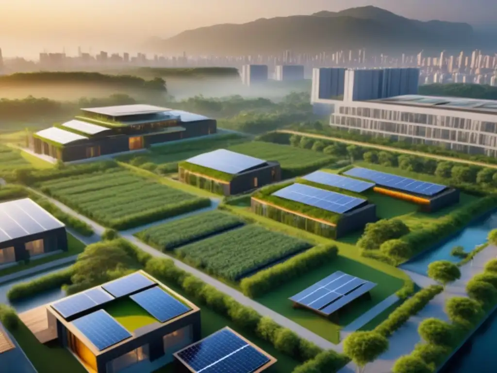 Complejo ecoamigable futurista en ciudad emergente: innovación y sostenibilidad Un complejo de viviendas autosuficientes en mercados emergentes con diseño futurista y tecnología eco-friendly, bañado por la cálida luz del atardecer