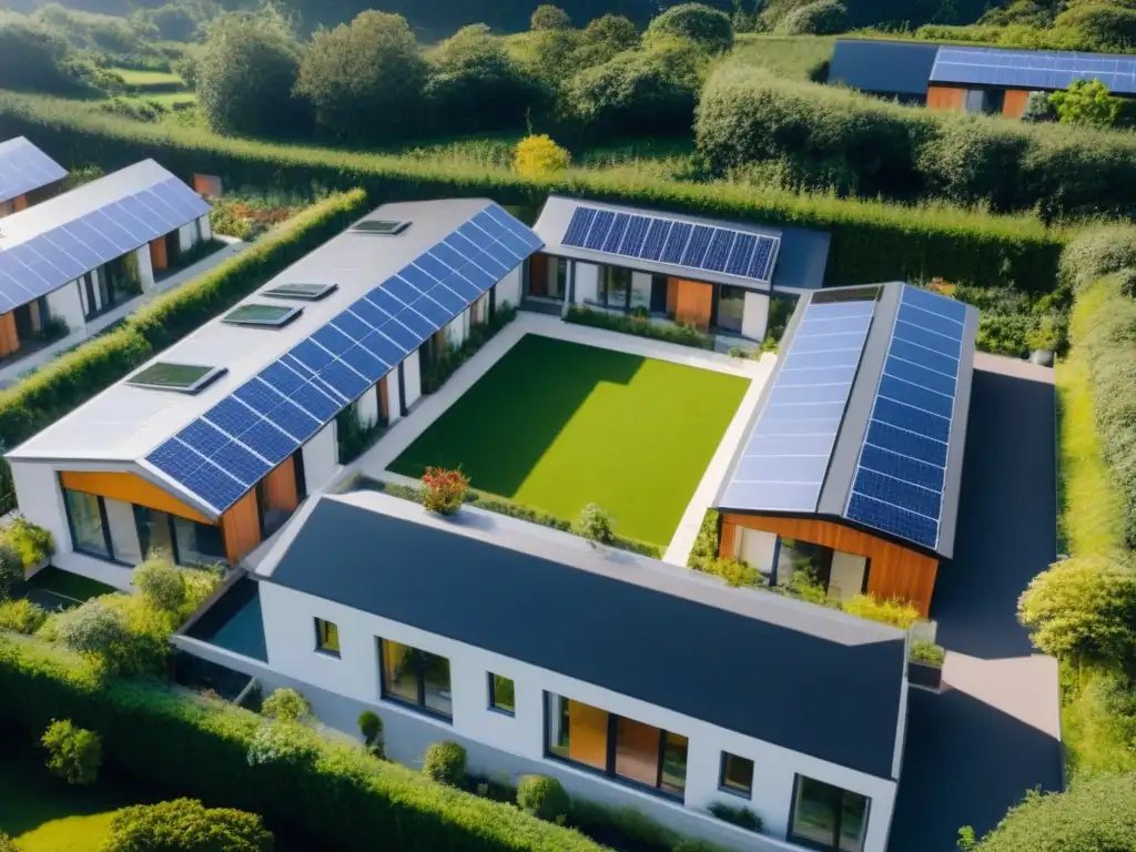 Complejo de cohousing moderno: diseño sostenible rodeado de naturaleza y tecnología innovadora Un complejo de viviendas colaborativas con diseño sostenible rodeado de naturaleza, residentes activos y paneles solares, reflejando la gestión de inversión inmobiliaria internacional