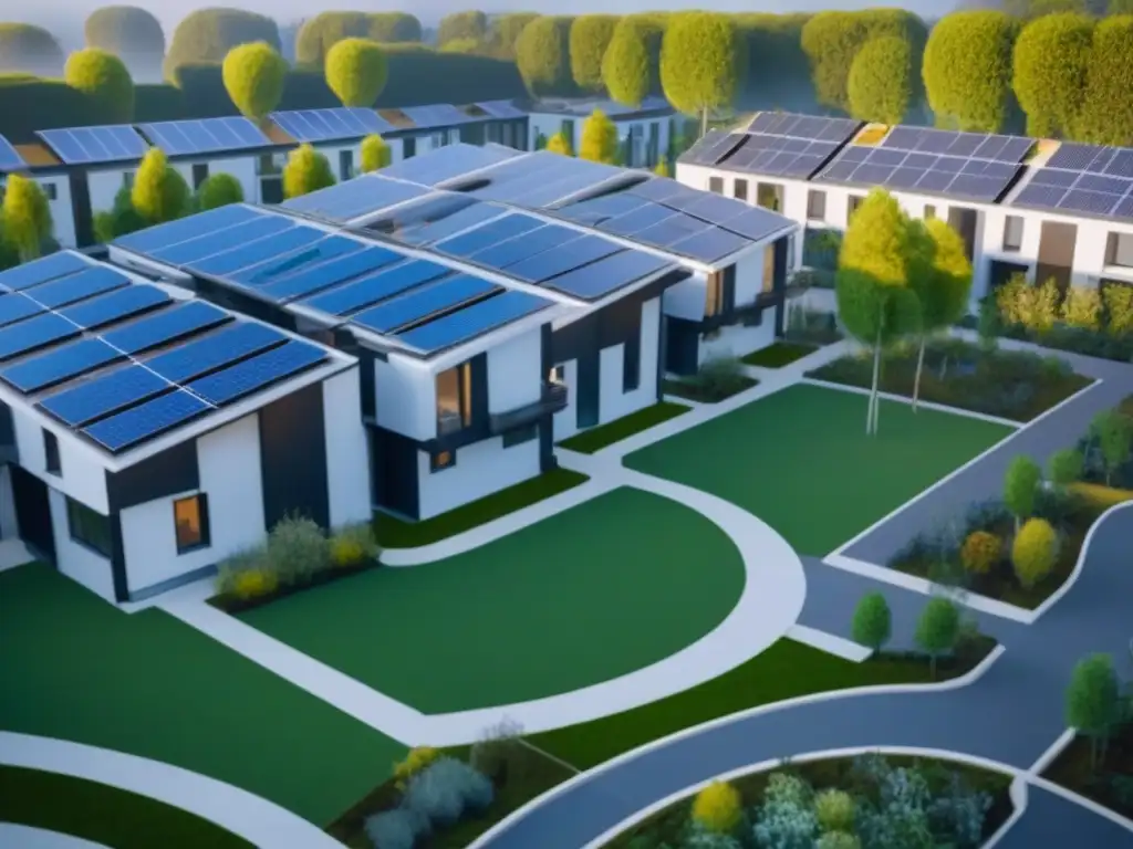 Cohousing futurista: innovación y comunidad sostenible Un complejo de viviendas colaborativas futurista con espacios verdes y paneles solares