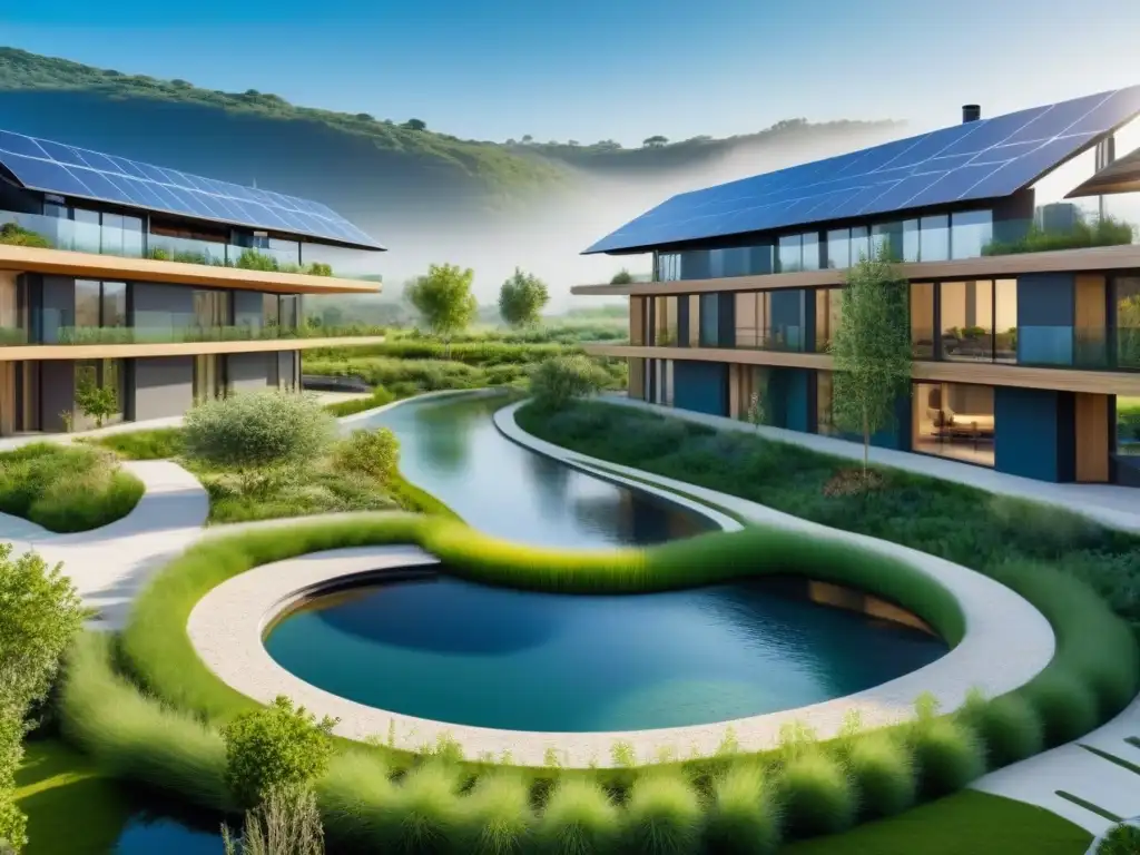 Complejo ecoamigable: armonía entre naturaleza y arquitectura sostenible Un complejo de viviendas ecológicas integradas en la naturaleza con paneles solares y jardines nativos