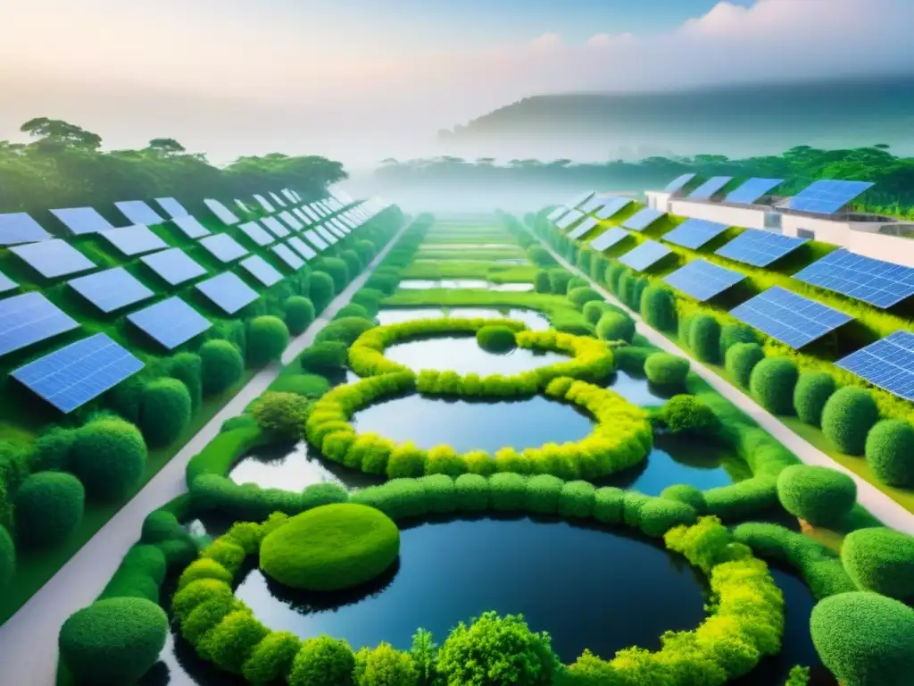 Complejo ecológico: armonía verde y comunidad activa Complejo de viviendas sostenibles rodeado de naturaleza, paneles solares brillantes y residentes disfrutando de actividades sociales