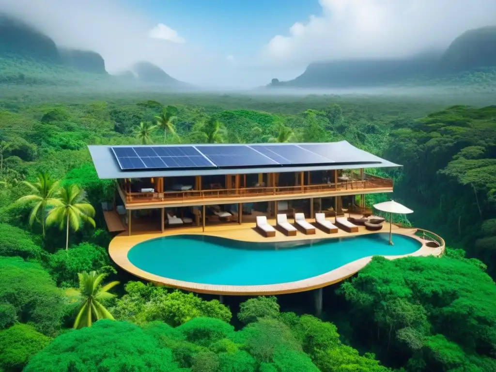 Ecoresort sostenible en la selva: lujo verde y armonía ambiental Invertir en complejos turísticos ecológicos: Un ecoresort sostenible en la selva tropical, con paneles solares, turbinas eólicas y huéspedes practicando yoga junto a un río cristalino