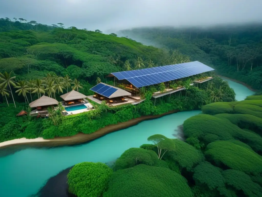 Resort ecoamigable en selva tropical: lujo y sostenibilidad Invertir en complejos turísticos ecológicos: Un paraíso ecofriendly en la selva tropical, con paneles solares, turbinas eólicas y un río cristalino