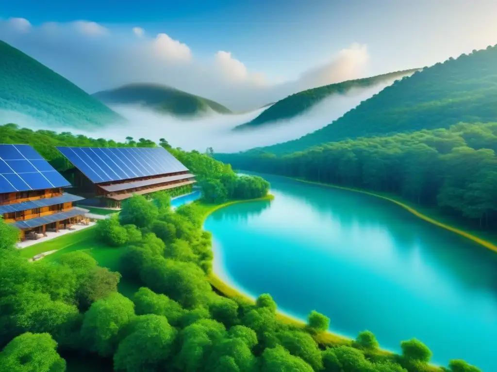 Resort ecológico de lujo en la naturaleza Invertir en complejos turísticos ecológicos: Un resort ecofriendly en la naturaleza con paneles solares y turbinas eólicas