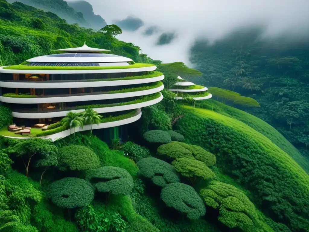 Paraíso eco en selva: Resort sostenible 8k Invertir en complejos turísticos ecológicos: Un resort futurista en la selva con huellas verdes y actividades sostenibles