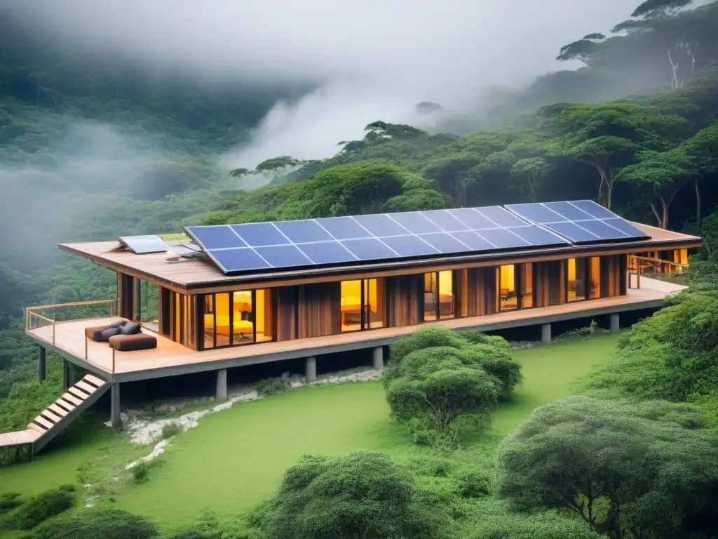 Resort ecológico en bosque: arquitectura sostenible y actividades eco Invertir en complejos turísticos ecológicos: Resort ecofriendly moderno en un bosque verde, con paneles solares y cabañas eco