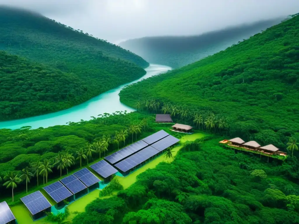 Resort ecofriendly en selva tropical: lujo sostenible y naturaleza Invertir en complejos turísticos ecológicos: Vista aérea de resort de lujo en selva tropical, con paneles solares, molinos y río cristalino