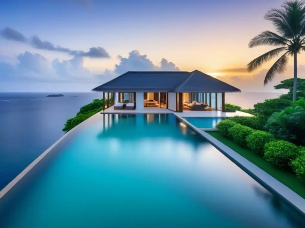 Paraíso exclusivo: isla privada de lujo al atardecer Compra isla privada en mercado inmobiliario: mansión moderna con piscina infinita, rodeada de aguas turquesas y atardecer dorado