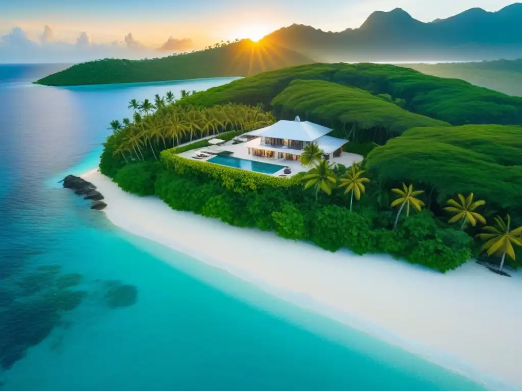 Paraíso privado: mansión de lujo en isla tropical Compra isla privada en el mercado inmobiliario: mansión de lujo en paraíso tropical al atardecer, yate anclado en aguas turquesa