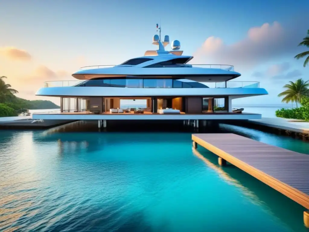 Residencia de lujo en isla privada con yate al atardecer Compra isla privada en mercado inmobiliario: mansión moderna, aguas cristalinas, yate exclusivo al atardecer