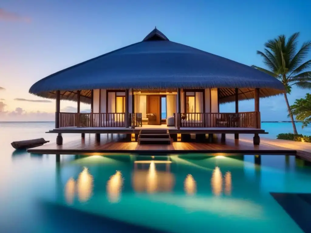 Bungalow de lujo sobre aguas turquesas, atardecer exclusivo y relax Compra propiedad tiempo compartido internacional: Bungalow de lujo sobre aguas turquesas, rodeado de palmeras, con el sol poniéndose al fondo
