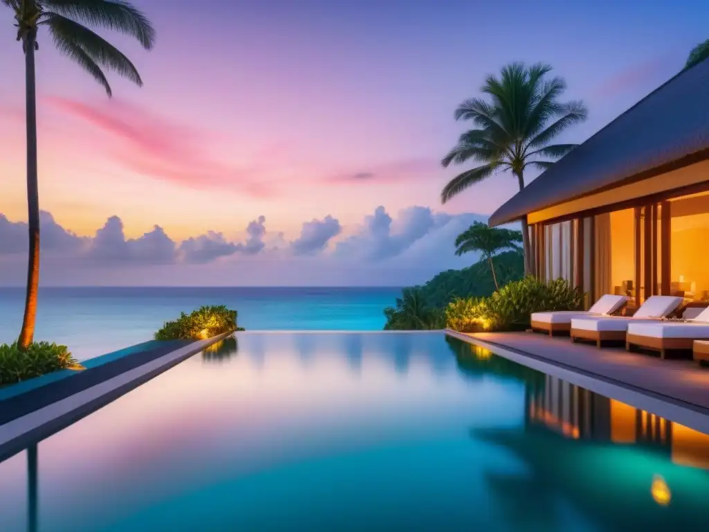 Paraíso tropical: resort de lujo con infinity pool en la playa Compra propiedad tiempo compartido internacional: Resort de lujo frente al mar con piscina infinita y vistas exóticas al océano y vegetación tropical
