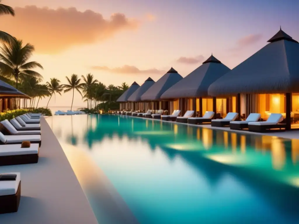 Paraíso tropical de lujo: resort frente al mar Compra propiedad tiempo compartido internacional en lujoso resort frente a la playa exótica al atardecer