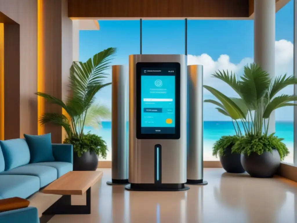 Moderno lobby de resort vacacional con kioscos de pago en criptomonedas Compra de tiempo compartido criptomonedas en lobby de lujo con kioscos futuristas y vista a playa tropical