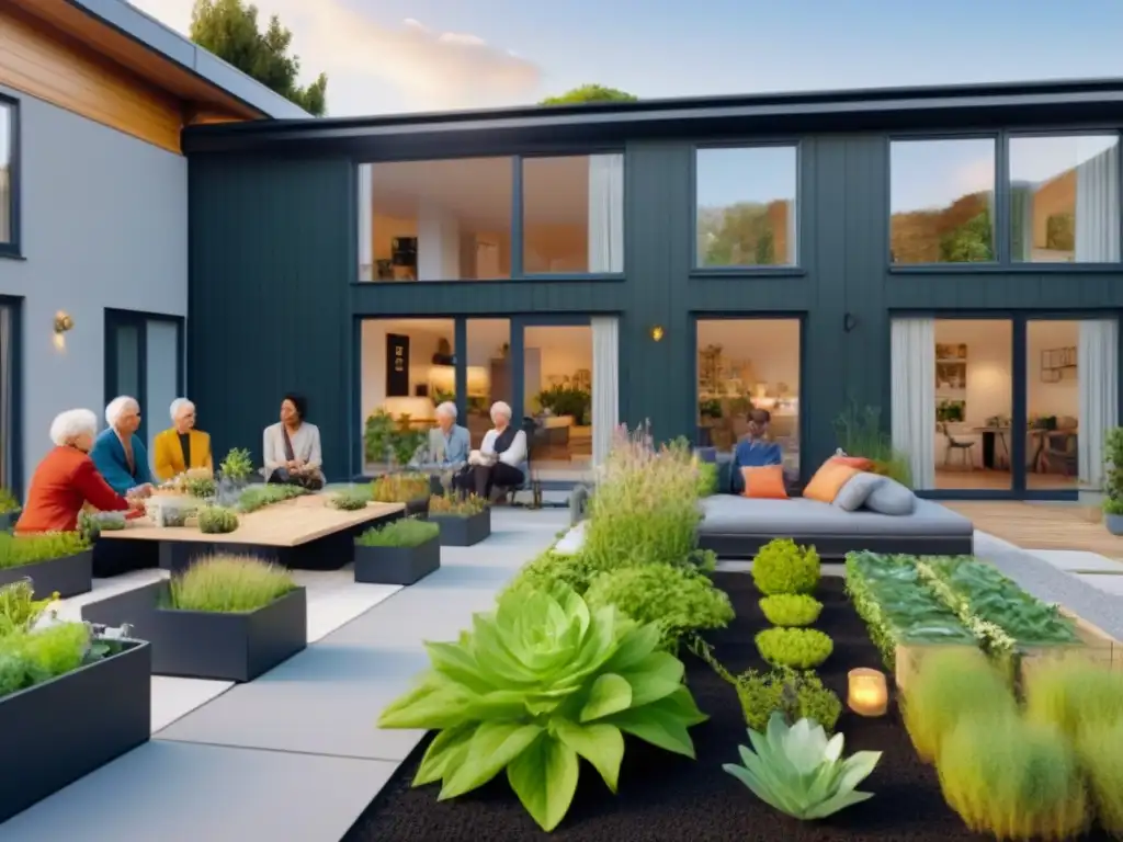 Comunidad de cohousing: diversidad y convivencia en armonía Comunidad de cohousing con diversas edades y etnias disfrutando juntos, reflejando las tendencias cohousing mercado inmobiliario