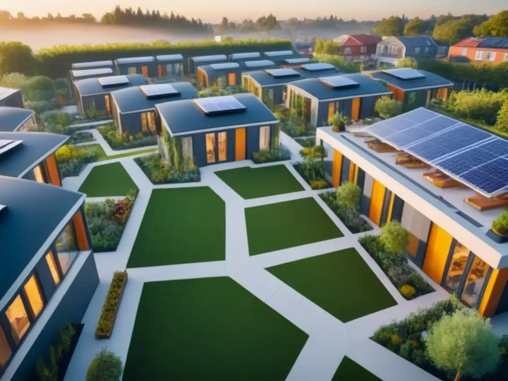 Comunidad eco-sostenible con jardines y paneles solares Una comunidad de cohousing futurista con arquitectura sostenible, residentes colaborando en actividades como jardinería y yoga