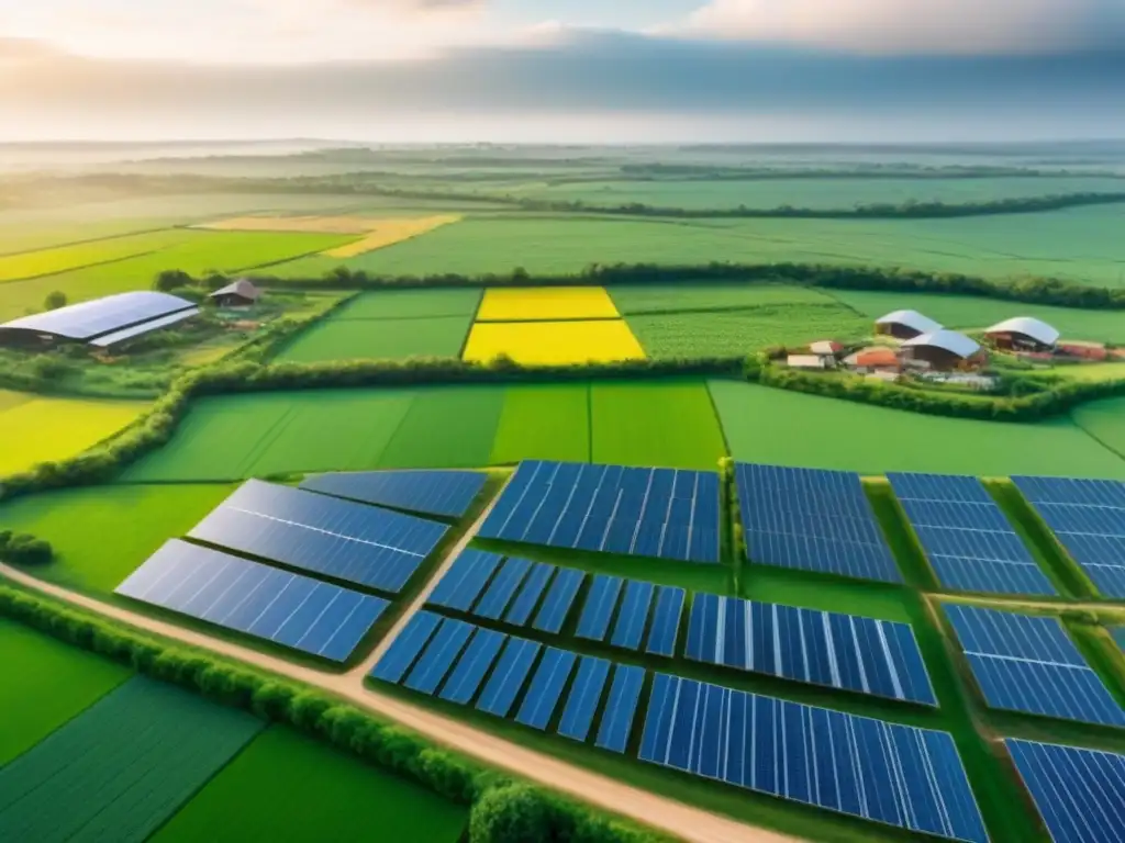 Comunidad sostenible: agricultura ecológica y energía renovable en armonía Comunidad comprometida en prácticas agrícolas sostenibles en un paisaje rural verde