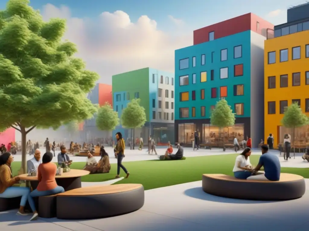 Vibrante comunidad urbana: inclusión y progreso Una comunidad diversa se une en un espacio urbano revitalizado, con estrategias de revitalización inmobiliaria comunidad integradas
